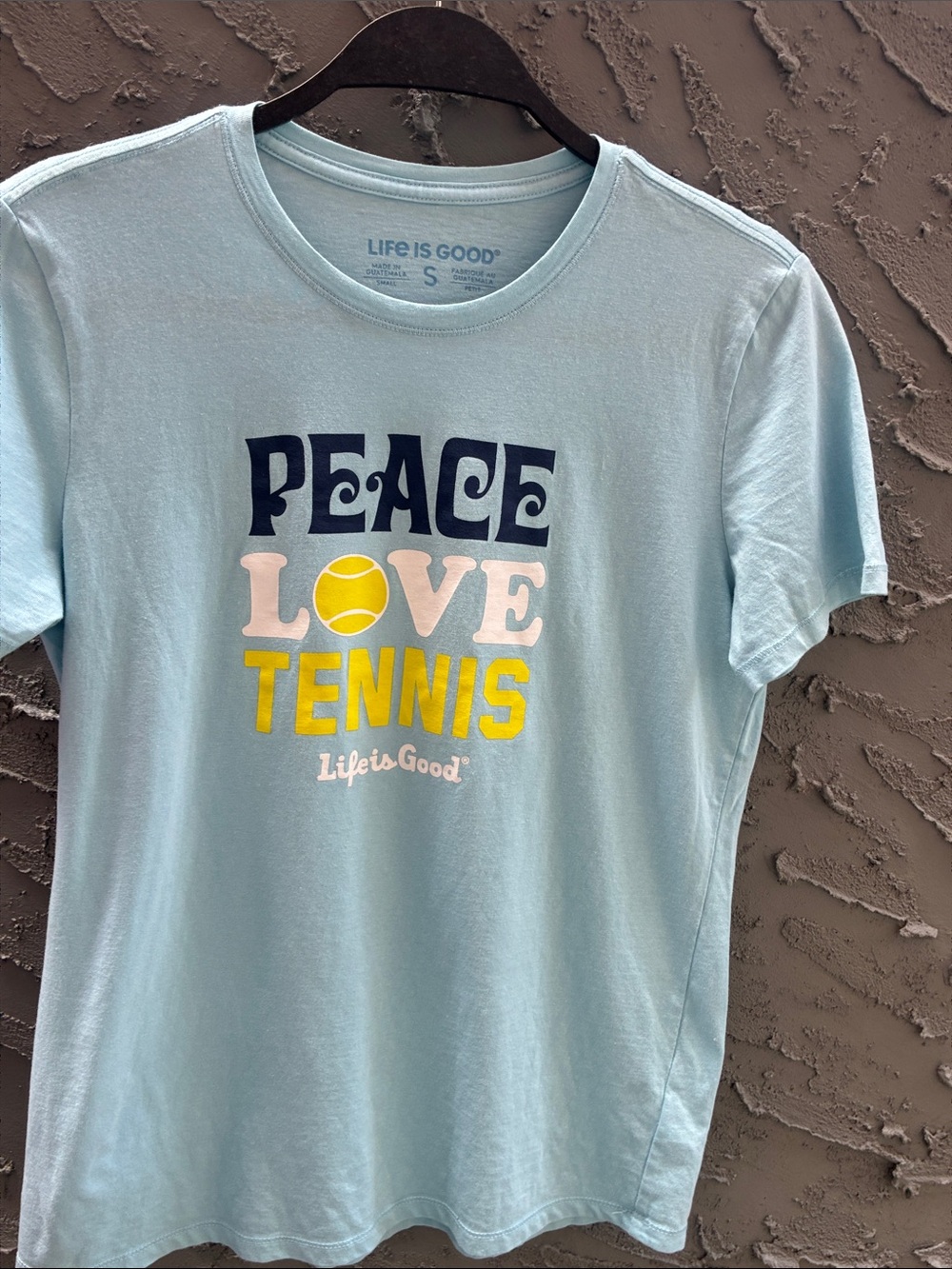 Life Is Good Light Blue "Peace Love Tennis" Graphic Tee Sz S  Cotton Worn 1x